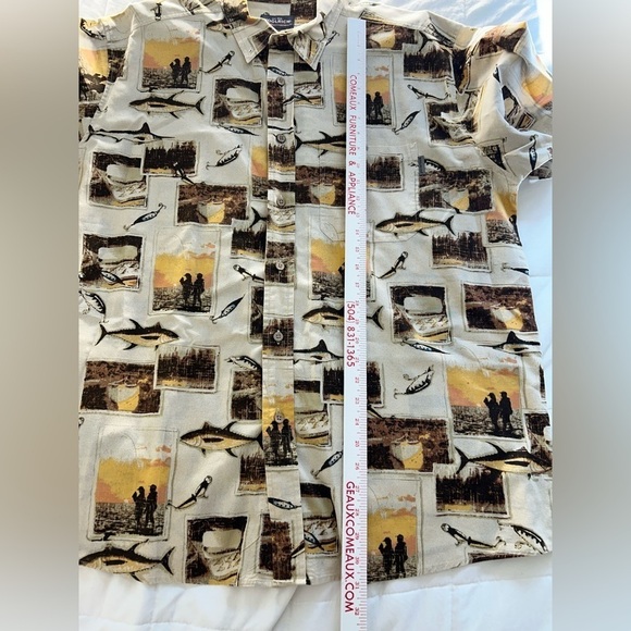 Vintage Woolrich Mens Fishing Fish Hook Print Button Down SS Shirt Beige Size XL - Picture 9 of 11